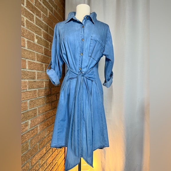 Speed Control Chambray denim shirt dress with waist tie- XL - Picture 8 of 16